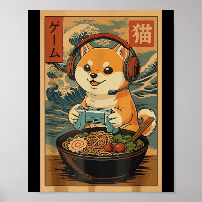 Poster Kawaii Japanese Ramen Dog Retro Gaming Shirts For  (Frente)