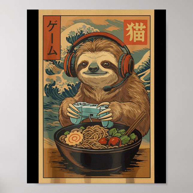 Poster Kawaii Japanese Ramen Sloth Retro Gaming Shirts Fo (Frente)