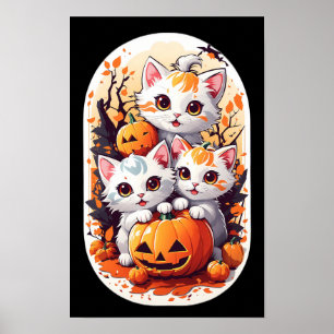 Poster Kawaii Kittens brincando com uma pequena abóbora