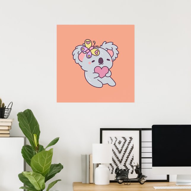 Poster Kawaii Koala with Heart and Butterfly (Escritório em casa)