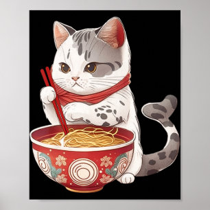 Poster Kawaii NeKo Cat Comendo Ramen Noodles Comida Japon