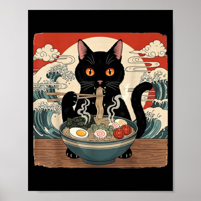 Poster Kawaii Ramen Cat Anime Japanese Noodles Food Wave  (Frente)