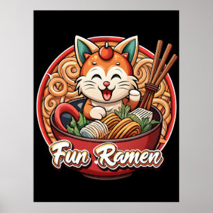 Poster Kawaii Ramen Gato Arte Retro Japonês de Macarrão T
