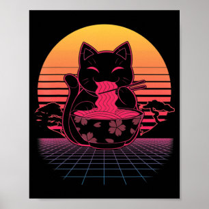 Poster Kawaii Ramen Neko Retro Cat Anime Noodle Japonês