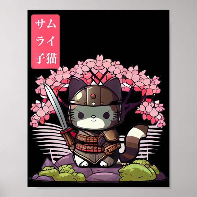 Poster Kawaii Samurai Kitten com Cherry Blossom Japonês (Frente)