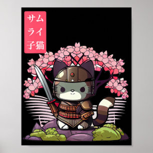 Poster Kawaii Samurai Kitten com Flor de Cerejeira Japonê