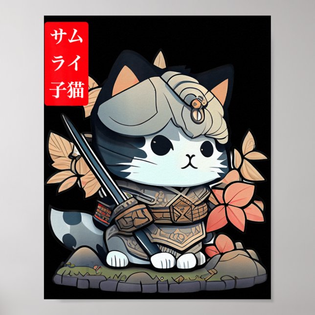 Poster Kawaii Samurai Warrior Kawaii Gato Japonês E (Frente)