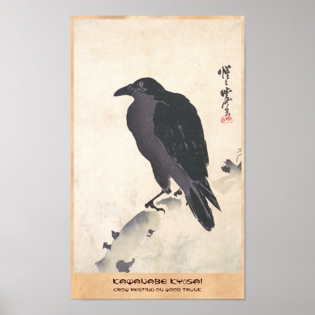 Pôster Kawanabe Kyōsai Crow Descando em Arte de Carvalho (Frente)