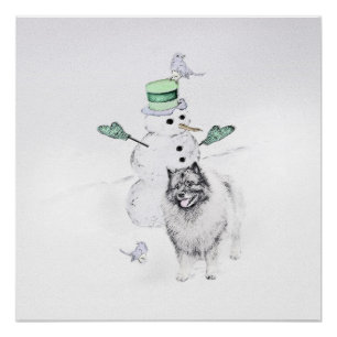 Pôster Keeshond Christmas Snowman Pinting Art