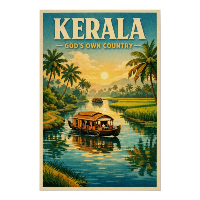 Pôster Kerala, India, in a classic retro travel (Frente)
