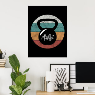 Poster Kettlebell vintage com monograma personalizado nom