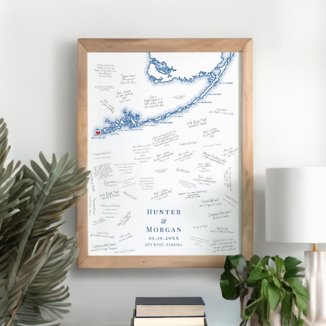 Poster Key West FL Wedding Elegante Marinho de Livro Gues (Key West FL Map Wedding Alternative Guest Book Poster in Elegant Navy Blue from Coastal Map Designs)