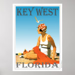 Poster Key West Florida Vintage Beach<br><div class="desc">Um poster retrô que nunca foi até agora. Um refazer criativo de um velho poster que deveria ter sido. A praia da Flórida no estilo retrô da era do Deco da Arte. Cor brilhante com uma mulher na praia sob um céu azul.</div>