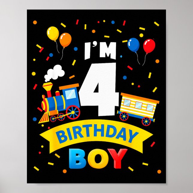 Poster Kids 4th Birthday Boy Train Four 4 Year Old Birthd (Frente)