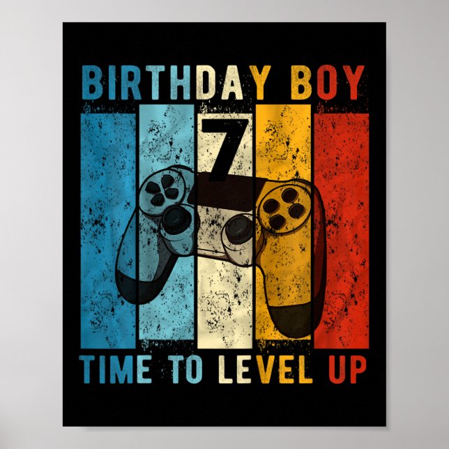 Poster Kids 7 Year Old Birthday Boy 7 Time To Level Up 7t (Frente)