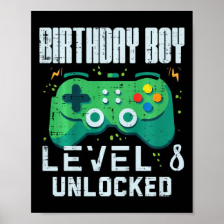 Poster Kids Birthday Boy Level 8 Unlocked Gamer Controlle