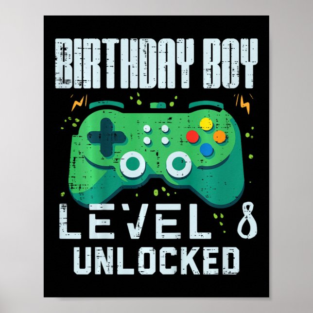 Poster Kids Birthday Boy Level 8 Unlocked Gamer Controlle (Frente)