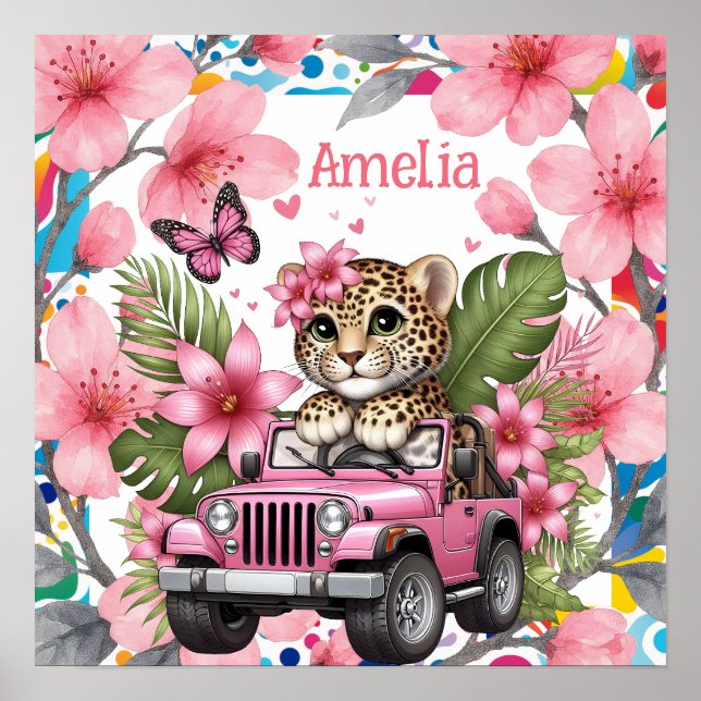 Poster Kids Name & Floral Baby Jungle Animals Nursery  (Frente)