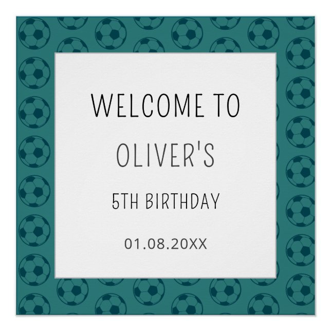 Pôster Kids Soccer Ball Blue Boys Birthday Welcome sign (Frente)