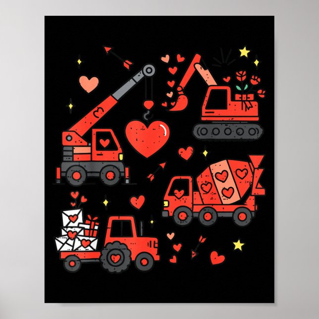 Poster Kids Valentines Day Construction Trucks Funny Boys (Frente)