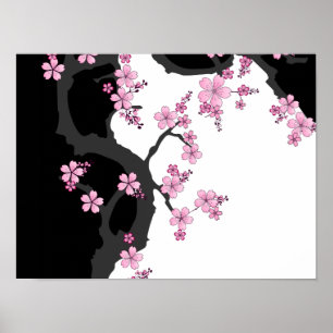 Poster Kimono Black e White Pink Sakura