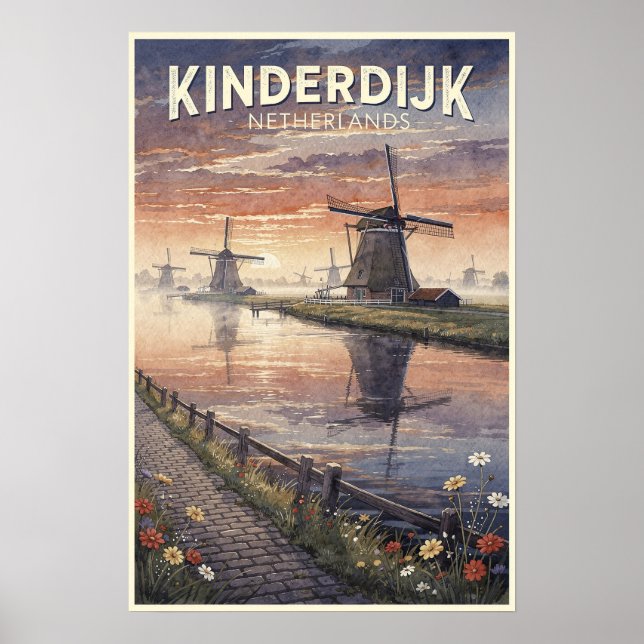 Poster Kinderdijk Holanda Viagem Vintage (Frente)