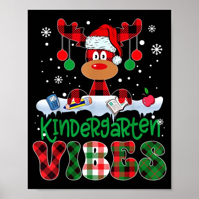 Poster Kindergarten Vibes Teacher Buffalo Plaid Reindeer  (Frente)