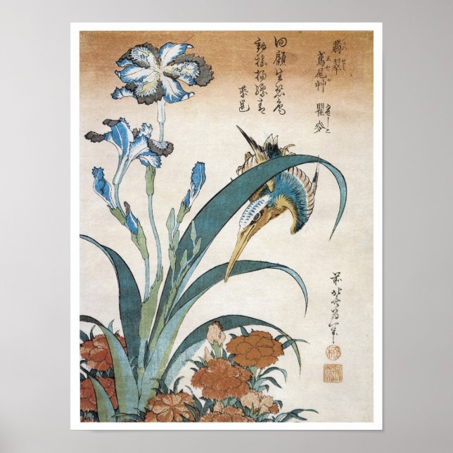 Poster Kingfisher com Irises, Hokusai, 1834 (Frente)