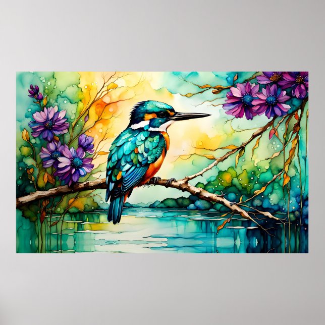 Poster Kingfisher perraçado sobre a água Flores selvagens (Frente)
