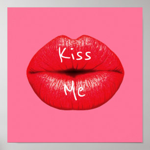 Poster Kiss me Red Lipstick pop art lips on girly pink