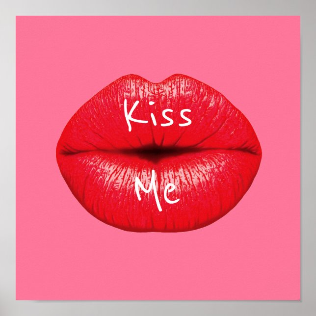 Poster Kiss me Red Lipstick pop art lips on girly pink (Frente)