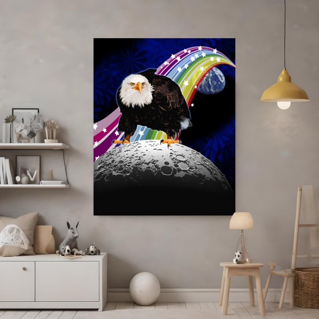 Poster Kitchy Legal Lunar Rainbow USA Eagle Moon Landing (Moon landing bald eagle space collage poster with rainbow streaming from Earth)