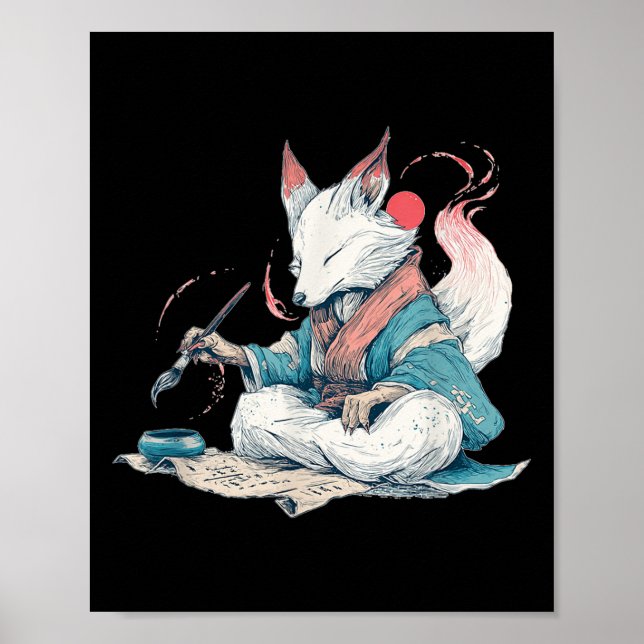 Poster Kitsune De Caligrafia Bonita Para O Estilo Do Japã (Frente)