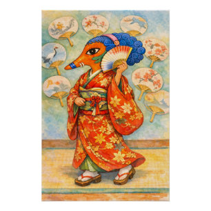 Pôster Kitsune em Quimono com Rosas – Espírito da Raposa
