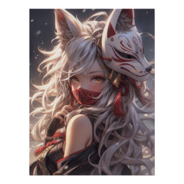 Pôster Kitsune Fox Mask Samurai Girl Japonês