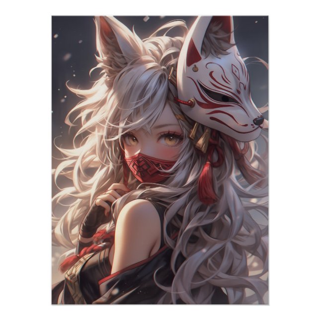 Pôster Kitsune Fox Mask Samurai Girl Japonês (Frente)