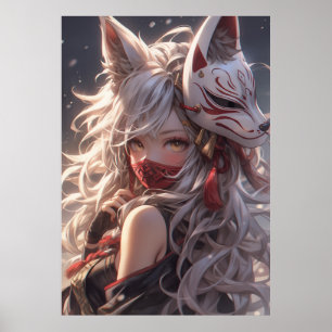 Poster Kitsune Fox Mask Samurai Girl Japonês