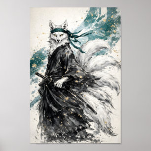 Poster Kitsune Raposa de Nove Caudas Samurai Arte em Tint