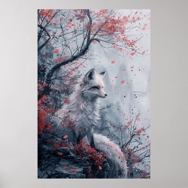 Poster  Kitsune Spirit – Japanese Fox in Blossom Forest (Frente)