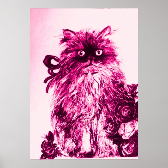 Pôster KITTEN COM ROSAS, cor-de-rosa Branca de Fúchsia (Frente)