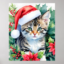 Poster Kitten Em Santa Hat, Arte Por Aquarela De Natal