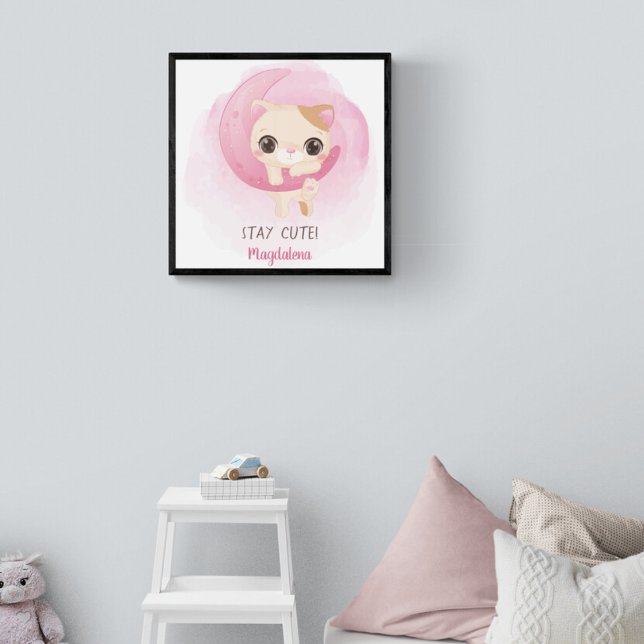 Poster Kitten Personalizado (Cute poster is designed to decorate a girl's nursery room with a cute little kitty hanging on a moon)