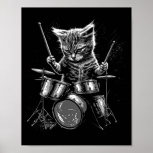 Poster Kitten Rock Banda Drummer Cat Tocando Tambores