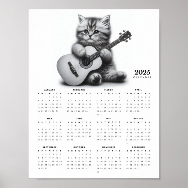 Poster Kitten Segurando Violão Acústico 2025 Calendário (Frente)