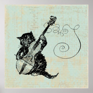 Poster Kitten Tocando Ilustração De Gato De Música Teal V