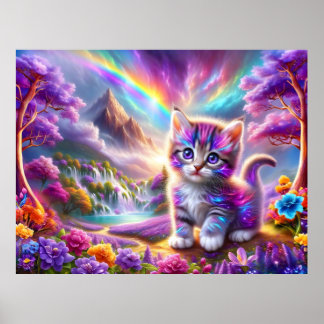 Poster Kitten Whimsical em uma paisagem de fantasia surre