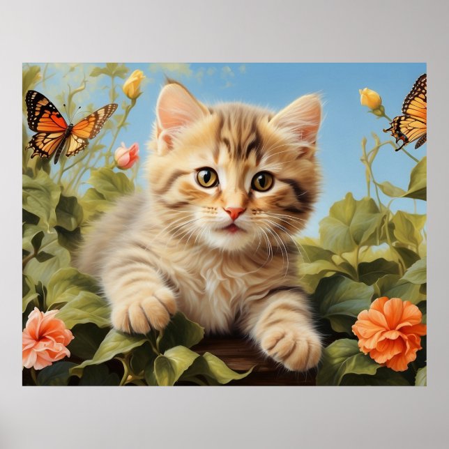 Poster *~* Kitty Cat 5:4 Kitten Butterfly Flowers AP68 (Frente)