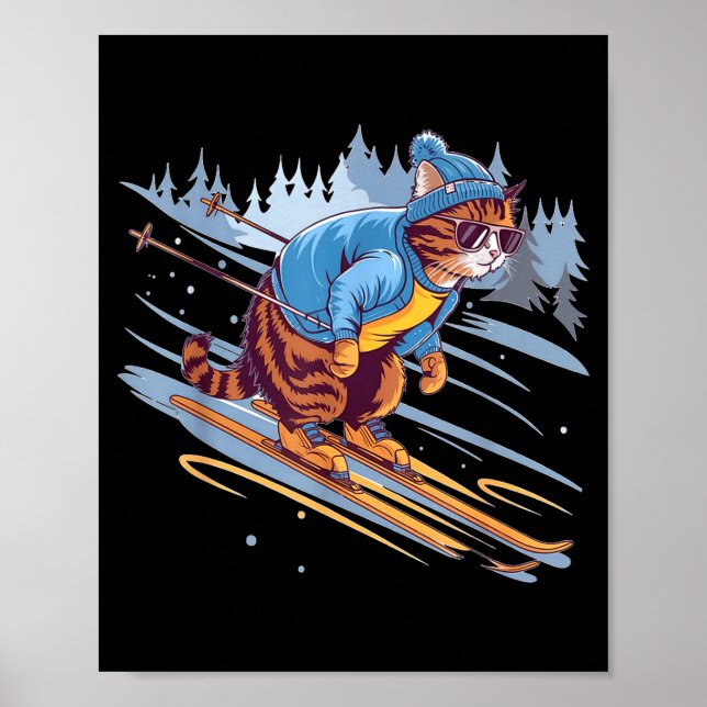 Poster Kitty skiing down a snowy slope funny  (Frente)
