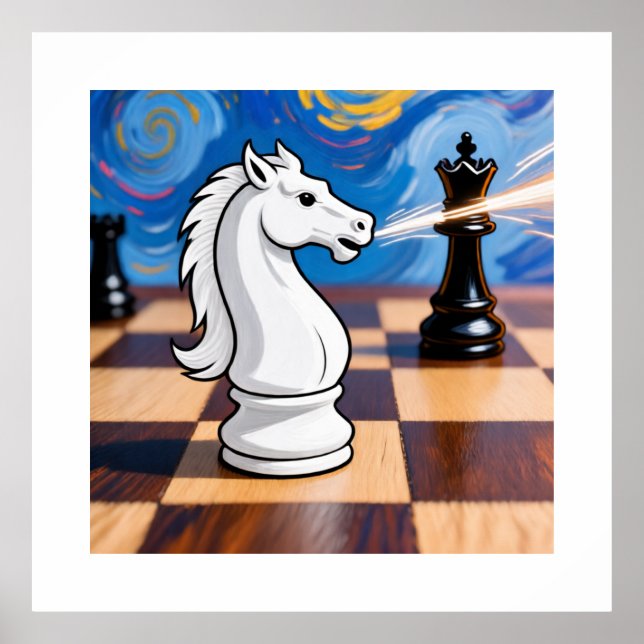 Poster Knight Fork Chess Art - Rainha Sob Ataque (Frente)