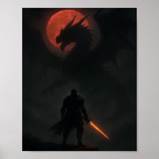 Poster Knight vs Dragon Under the Blood Moon Fantasy Post (Frente)
